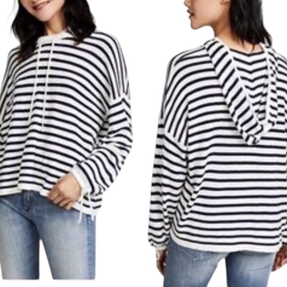 Splendid Striped Hoodie Sweater Navy White Tie Sleeve Medium - Picture 1 of 6